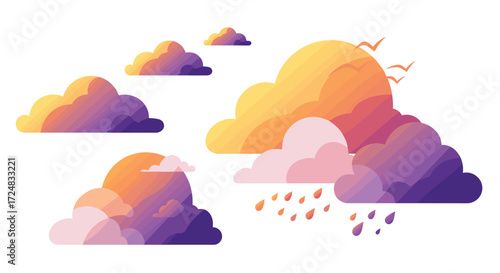 Colorful cloudscape with sunset gradient and rain droplets in modern flat design
