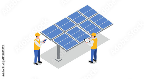 Engineers monitoring solar panel performance in isometric design for renewable energy management