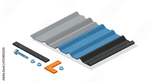 Isometric sheet metal and hardware components in industrial arrangement