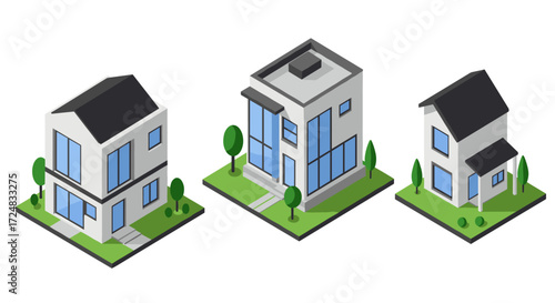 Modern suburban isometric houses with minimalist design and green landscapes