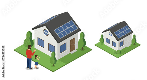 Family exploring solar panel modern homes in isometric style