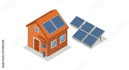 Isometric solar-powered brick house with rooftop and ground solar panels
