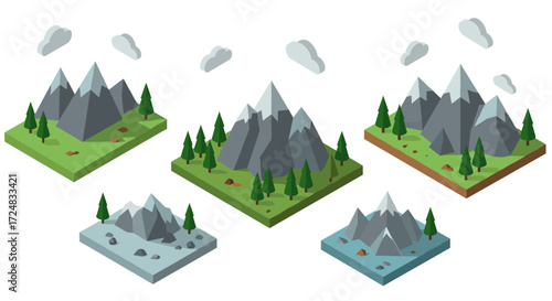 Isometric mountain landscapes with trees and clouds in various seasons