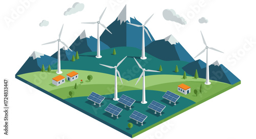 Isometric renewable energy landscape with wind turbines and solar panels in mountainous area