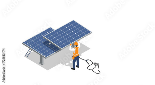 Isometric solar panel installation with technician in safety gear on white background
