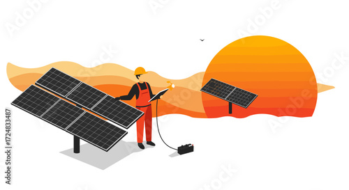 Solar panel engineer at sunset: embracing renewable energy in sustainable development