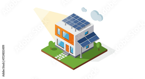 Modern eco-friendly house with solar panels in isometric design