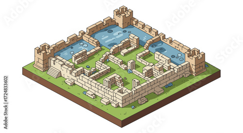 Isometric medieval castle puzzle on grass with towers and water moat