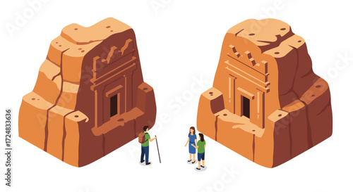 Isometric ancient rock carvings with explorers observing historic monuments
