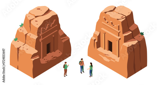 Isometric ancient rock temples with travelers in desert landscape