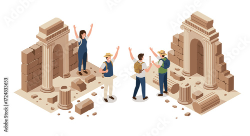 Isometric exploration adventure in ancient ruins with travelers