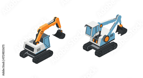 Isometric excavator designs showcasing modern construction equipment