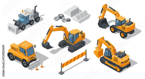 Construction vehicles collection in isometric style featuring excavators and trucks