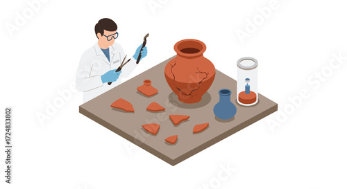 Archaeologist examining ancient pottery shards in laboratory isometric design