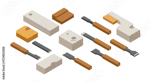 Isometric woodworking tools and blocks on white background