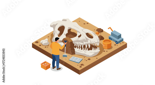 Isometric dinosaur fossil excavation scene with paleontologist in action