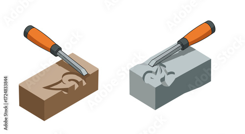 Isometric chisel carving wood and stone blocks design