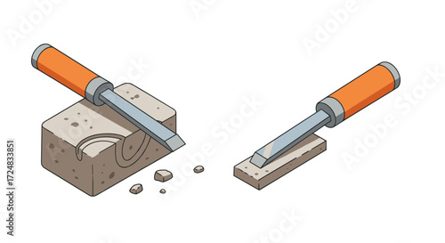 Stone and wood carving tools with orange handles in isometric style