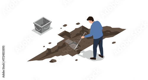 Worker digging ground with shovel in construction site isometric design