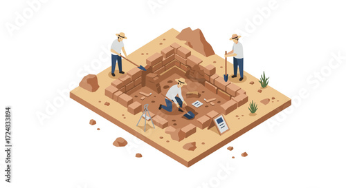Isometric archaeological excavation with scientists in desert environment