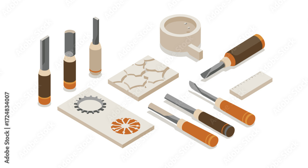 Obraz premium Isometric woodworking tools set with gouges, carving blocks, and ruler