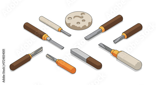 Set of wood carving tools with gouges and chisel in isometric style