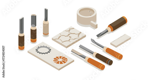Isometric woodworking tools set with gouges, carving blocks, and ruler