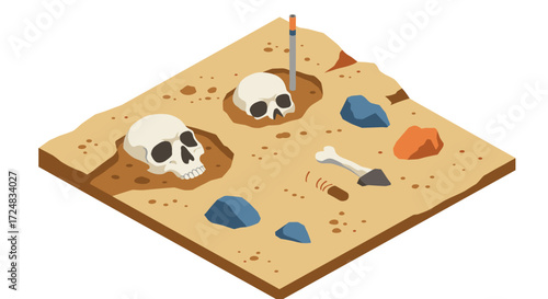 Archaeological site with human skulls and artifacts in isometric style