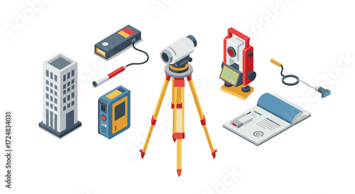 Isometric surveying tools: modern tripod, theodolite, laser level, and measuring instruments