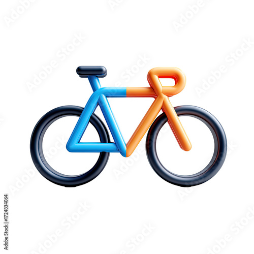 Stylized 3D render of a bicycle with blue and orange tubing, black tires and wheels