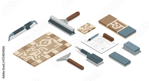 Isometric archaeology tools set with trowel, brush, artifacts, and notebook