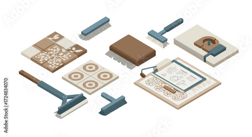 Isometric cleaning tools arrangement for effective home maintenance