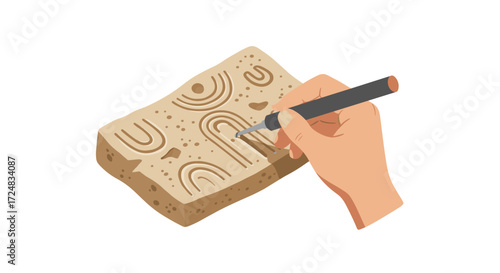 Ancient petroglyph carving on stone slab with hand chisel in flat design