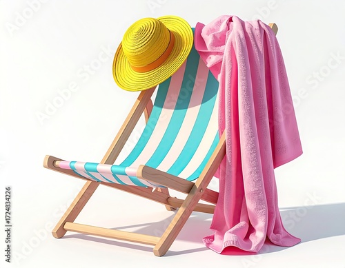 A striped beach chair with a yellow sunhat and pink towel draped over it, isolated on a white background