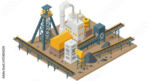 Isometric industrial factory with conveyor belts and machinery