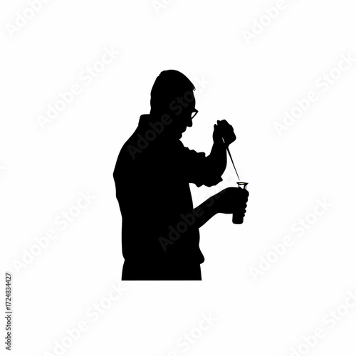Silhouette of lab sample collector sealing swab into test tube isolated on white background