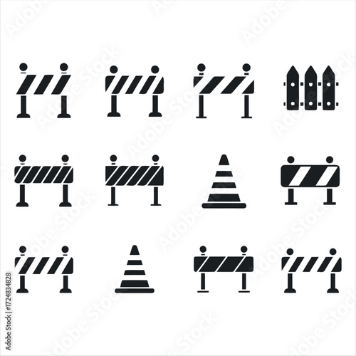 Collection of black glyph roadblock icons with white background. Minimalist vector illustrations representing traffic barriers, construction warnings, detours, and road safety s