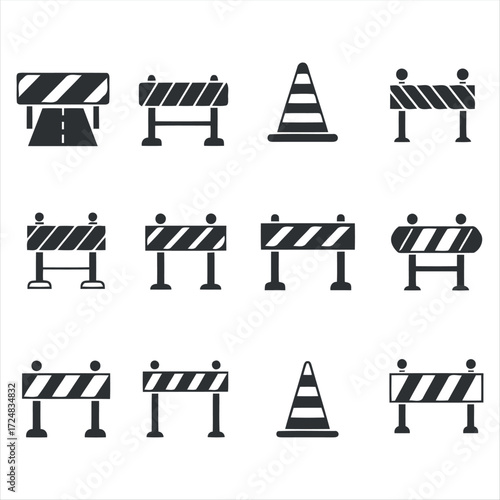Collection of black glyph roadblock icons with white background. Minimalist vector illustrations representing traffic barriers, construction warnings, detours, and road safety s