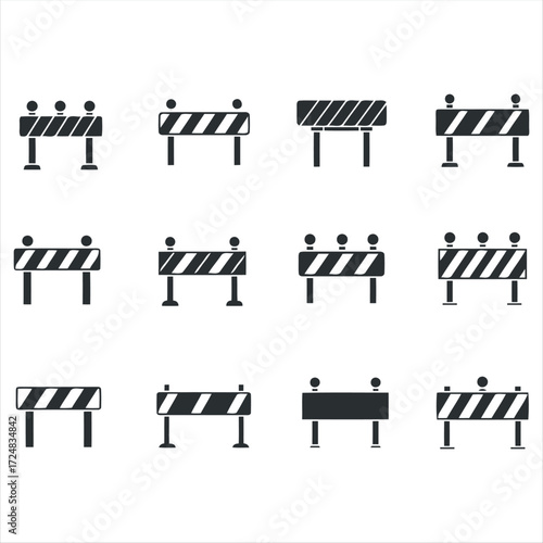 Collection of black glyph roadblock icons with white background. Minimalist vector illustrations representing traffic barriers, construction warnings, detours, and road safety s