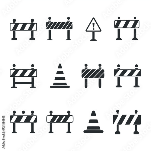 Collection of black glyph roadblock icons with white background. Minimalist vector illustrations representing traffic barriers, construction warnings, detours, and road safety s