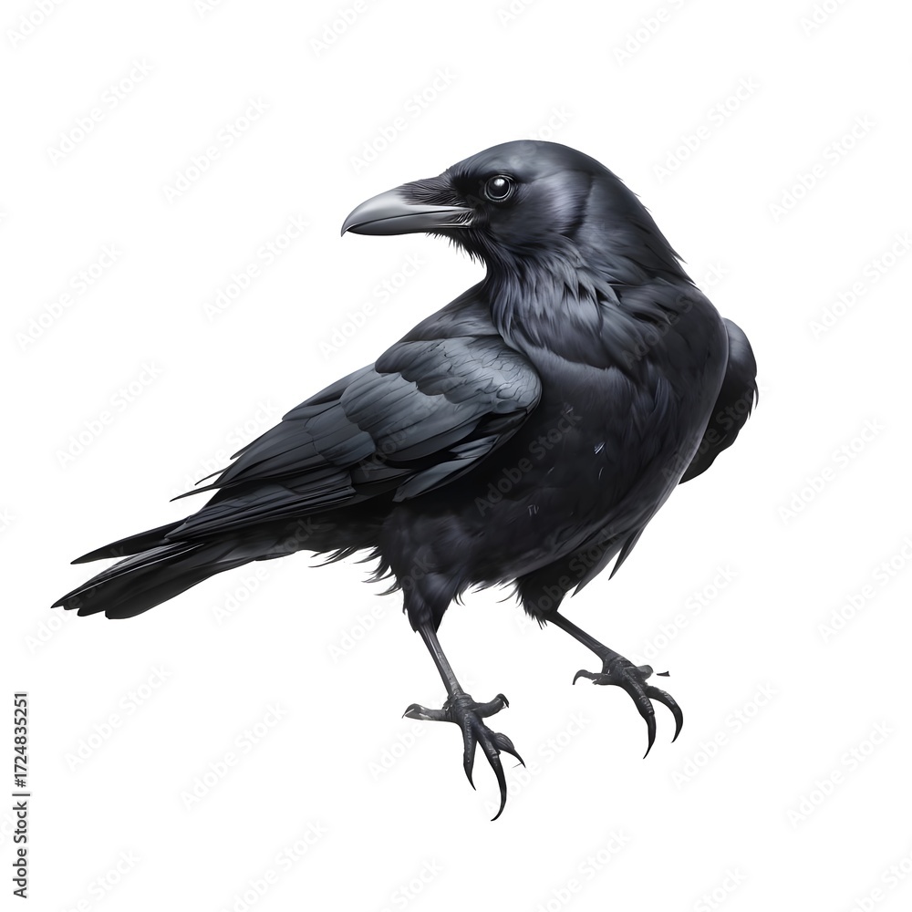 Fototapeta premium Realistic black raven illustration with glossy feathers and sharp beak on white background