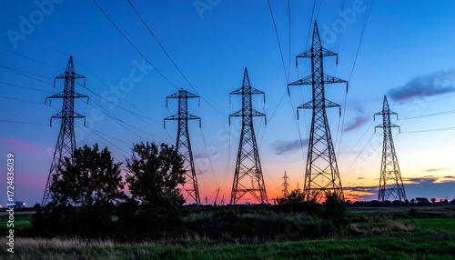 Sunset silhouettes of tall electricity pylons in a field (1)