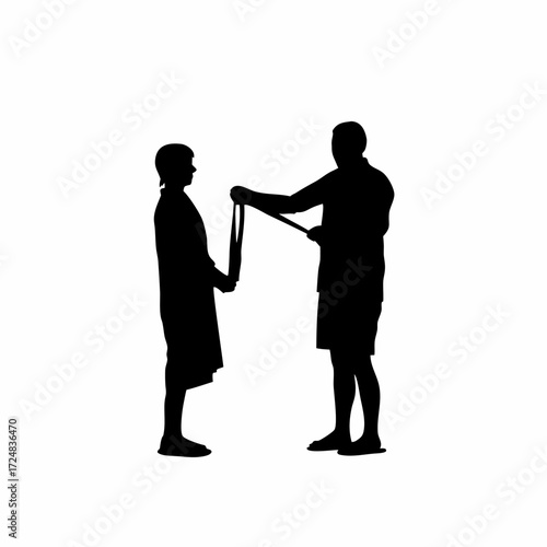 Medical professional showing bandage to patient after blood draw silhouette isolated on white background
