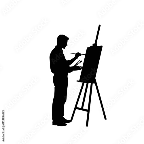 Creative Silhouette of a Painter Standing Before a Canvas with Brush Artistic Expression