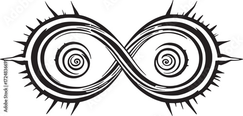 Infinity Symbol Art – Abstract Spiked Circular Design with Dual Energy Patterns in Black and White