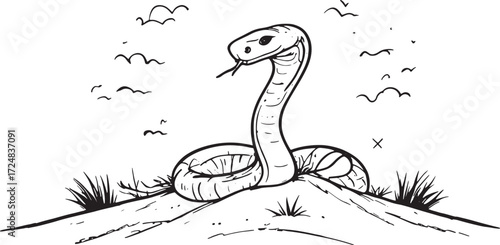 Wild Snake Illustration – Serpent Emerging from Ground with Nature Elements Black and White Art