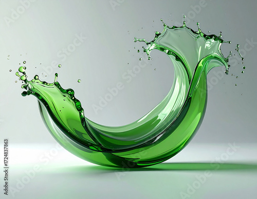 A captivating display of a green liquid splash, artfully shaped in a curved design, against a soft, neutral background. The image highlights the fluid's movement.