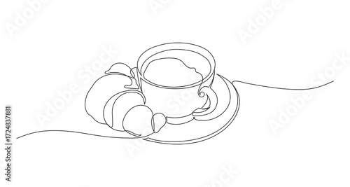 cup of coffee or tea and croissant continuous one line drawing, editable stroke