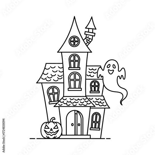 Spooky haunted house illustration with a ghost and pumpkin, perfect for Halloween decorations and crafts