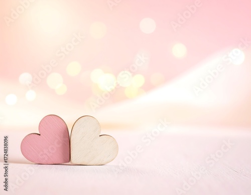 Two pastel hearts on a light wood surface with bokeh background